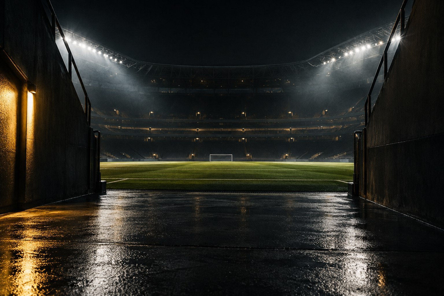 Floodlit stadium beyond a dark players' tunnel